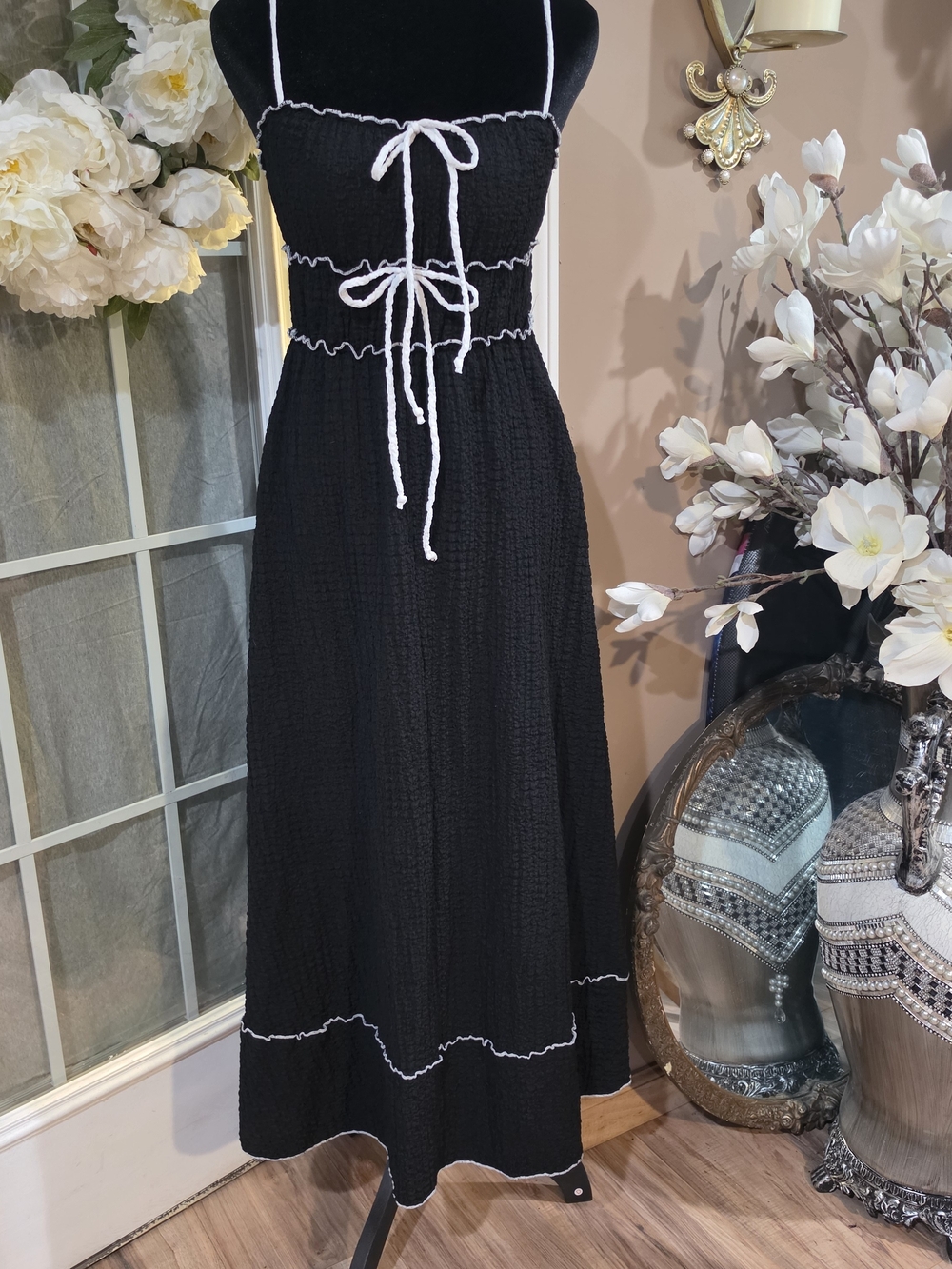 See You Monday Black Midi Dress with White Trim